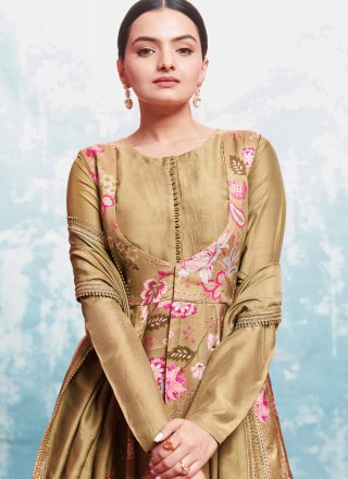 Print Work Muslin  Designer Gown In Beige