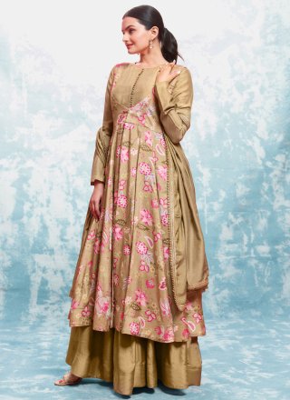 Print Work Muslin  Designer Gown In Beige