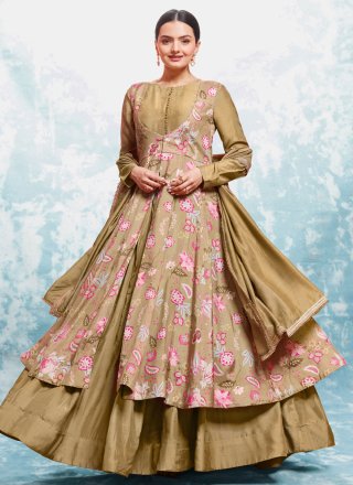Print Work Muslin  Designer Gown In Beige