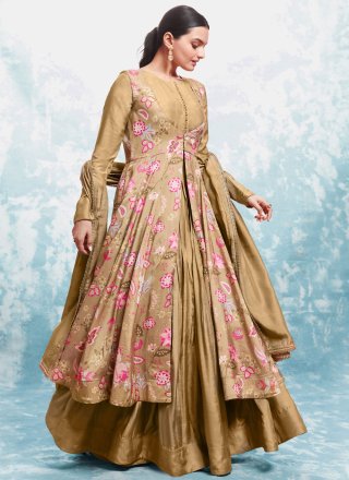 Print Work Muslin  Designer Gown In Beige