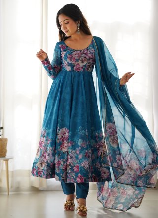 Print Work Organza Readymade Salwar Suit In Firozi