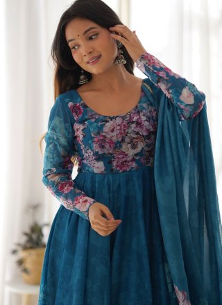 Print Work Organza Readymade Salwar Suit In Firozi