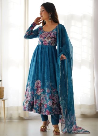 Print Work Organza Readymade Salwar Suit In Firozi