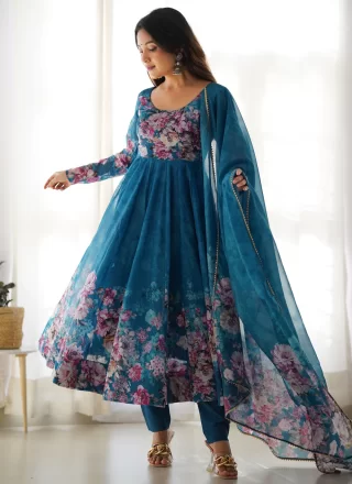 Print Work Organza Readymade Salwar Suit In Firozi