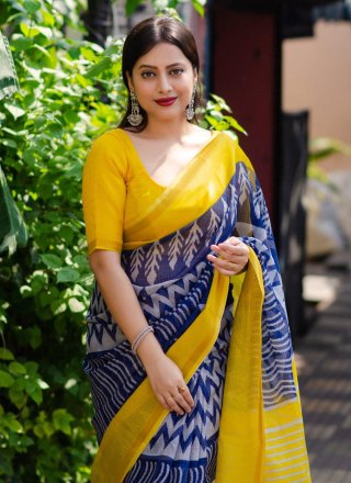 Print Work Polly Cotton Trendy Saree In Blue and Yellow