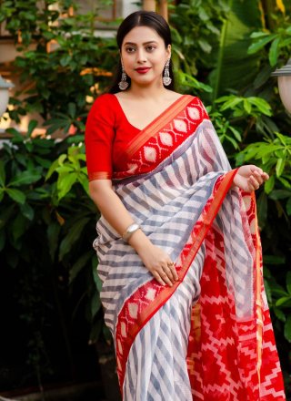 Print Work Polly Cotton Trendy Saree In Grey and Red for Engagement