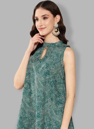 Print Work Polyester Designer Kurti In Green for Casual