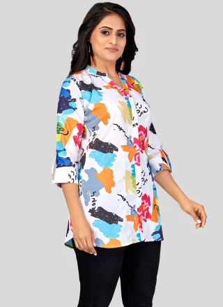 Print Work Pure Crepe Casual Kurti In White for Casual