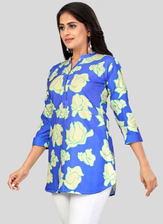 Print Work Pure Crepe Designer Kurti In Blue