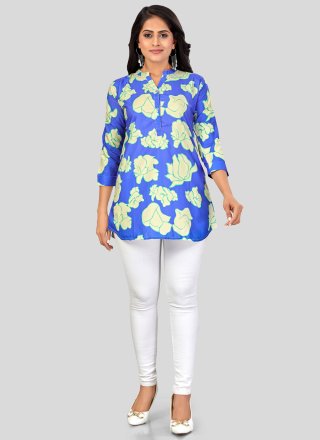 Print Work Pure Crepe Designer Kurti In Blue
