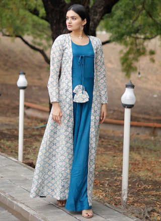 Print Work Rayon  Designer Gown In Blue