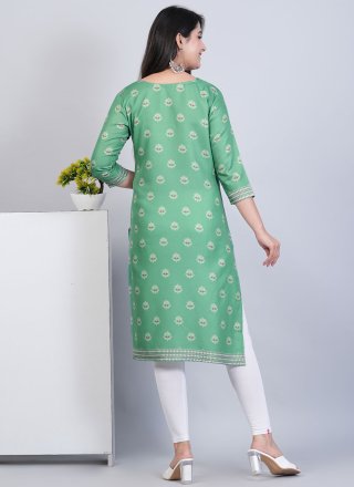 Print Work Rayon Designer Kurti In Sea Green
