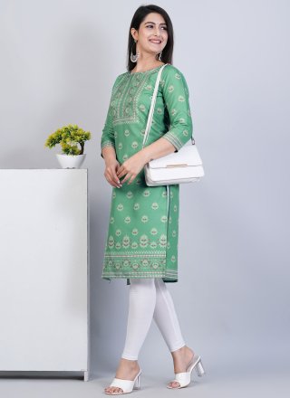 Print Work Rayon Designer Kurti In Sea Green