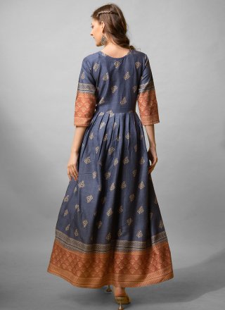 Print Work Rayon Gown In Blue