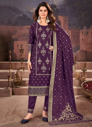 Print Work Rayon Salwar Suit In Purple for Ceremonial