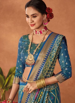 Print Work Silk Classic Sari In Blue for Ceremonial
