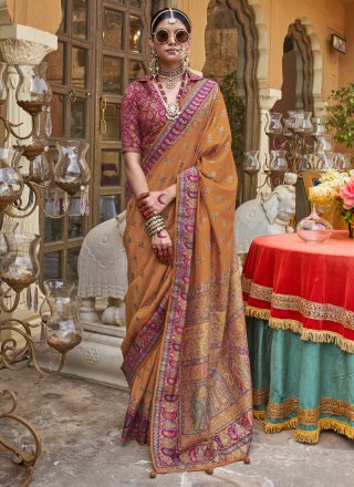 Print Work Silk Contemporary Sari In Brown and Mustard for Ceremonial