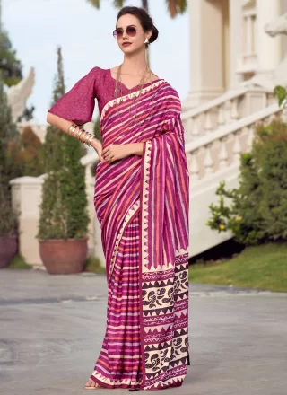 Print Work Silk Contemporary Sari In Burgundy