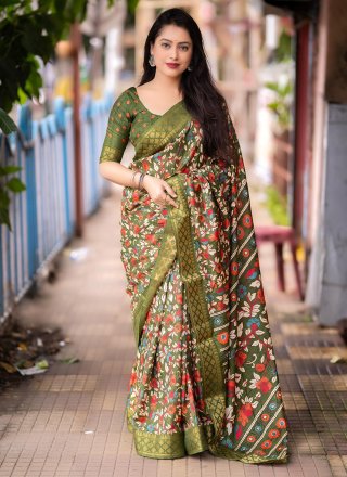 Print Work Silk Contemporary Sari In Green