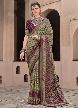 Print Work Silk Contemporary Sari In Green for Casual