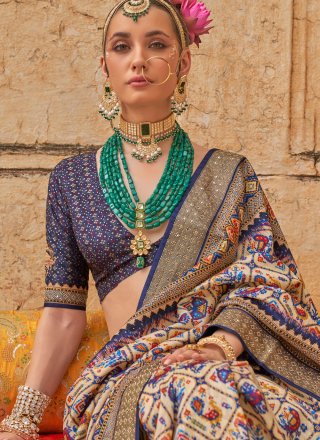 Print Work Silk Designer Saree In Cream