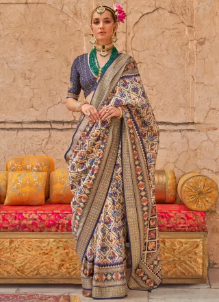 Print Work Silk Designer Saree In Cream