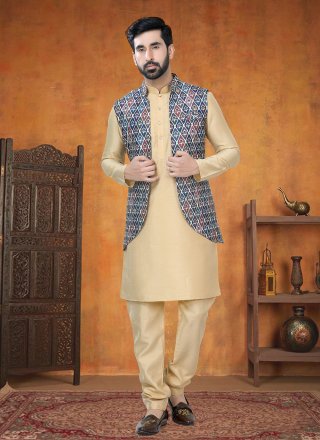 Print Work Silk Kurta Payjama with Jacket In Multi Colour