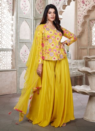 Pure Viscose Party Wear Suit In Yellow Color with Handwork - Suits & Sharara