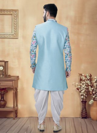 Print Work Silk Sherwani Mens Wear In Aqua Blue