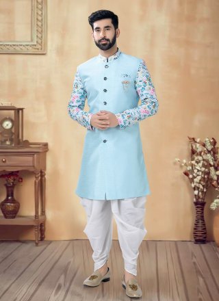 Print Work Silk Sherwani Mens Wear In Aqua Blue
