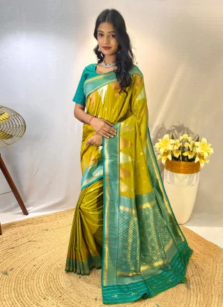 Print Work Silk Traditional Saree In Green for Casual