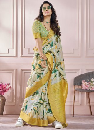 Print Work Silk Traditional Saree In Off White