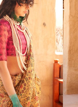 Print Work Tissue Classic Saree In Yellow