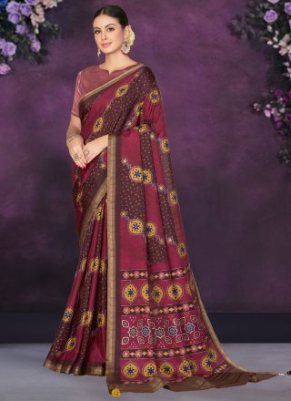 Print Work Tussar Silk Classic Saree In Maroon