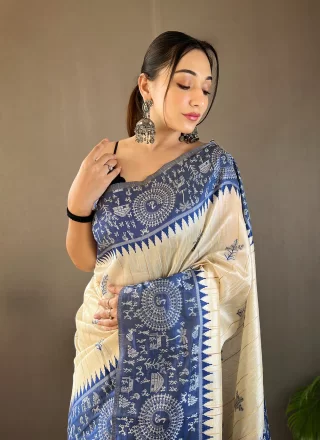 Print Work Tussar Silk Classic Sari In Blue for Ceremonial