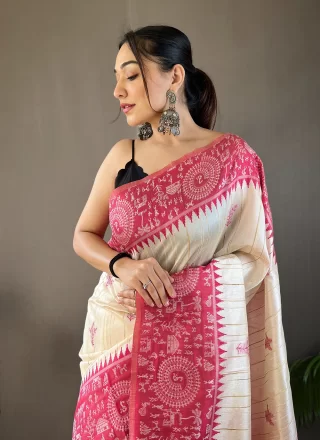 Print Work Tussar Silk Classic Sari In Hot Pink