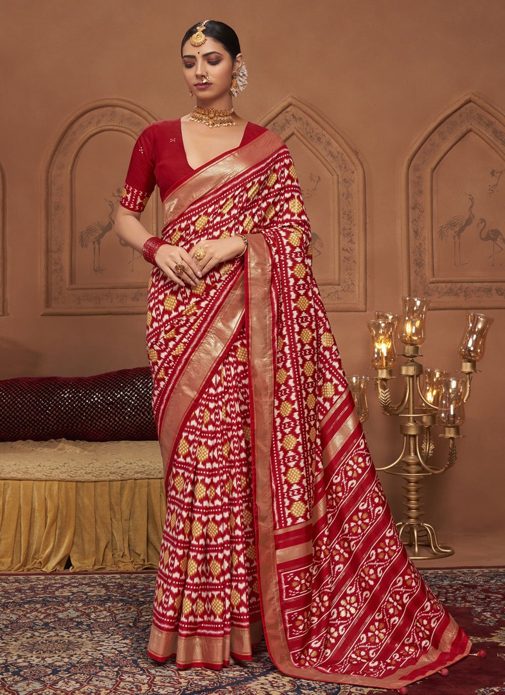 Buy Folk Design Blush Red Tussar Silk Saree Online