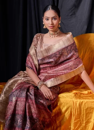 Print Work Tussar Silk Contemporary Sari In Maroon for Ceremonial