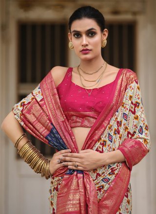 Print Work Tussar Silk Contemporary Sari In Off White and Pink