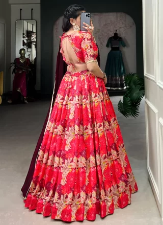 Print Work Tussar Silk Readymade Lehenga Choli In Red for Festival