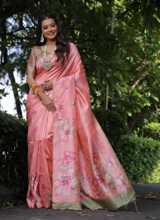 Print Work Tussar Silk Traditional Saree In Pink