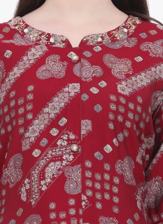 Print Work Viscose Party Wear Kurti In Red for Casual