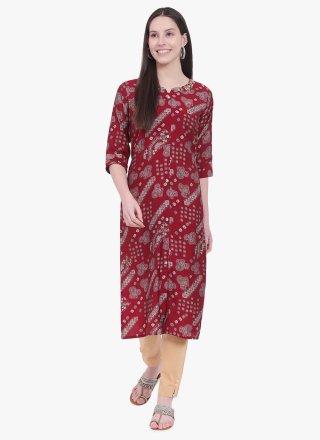 Print Work Viscose Party Wear Kurti In Red for Casual