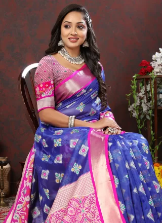Prodigious Blue Organza Trendy Saree with Meenakari and Weaving Work