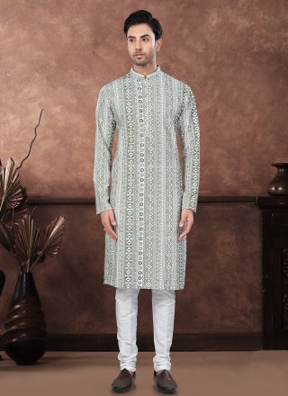 Prodigious Green and Off White Rayon Kurta Mens Wear