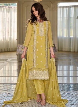Prodigious Yellow Organza Pant Style Suit with Embroidered Work