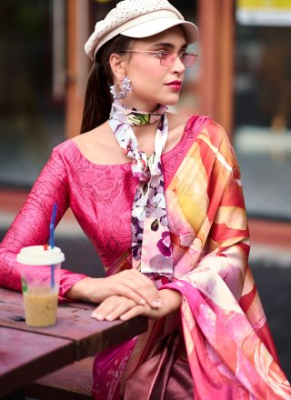 Pure Crepe Contemporary Sari In Rani