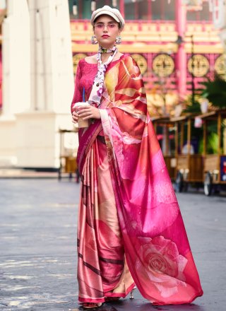 Pure Crepe Contemporary Sari In Rani