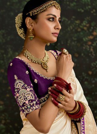 Pure Dola Classic Saree with Patch Border, Embroidered, Sequins and Zari Work