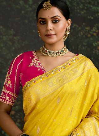 Pure Dola Traditional Saree with Patch Border, Embroidered, Sequins and Zari Work